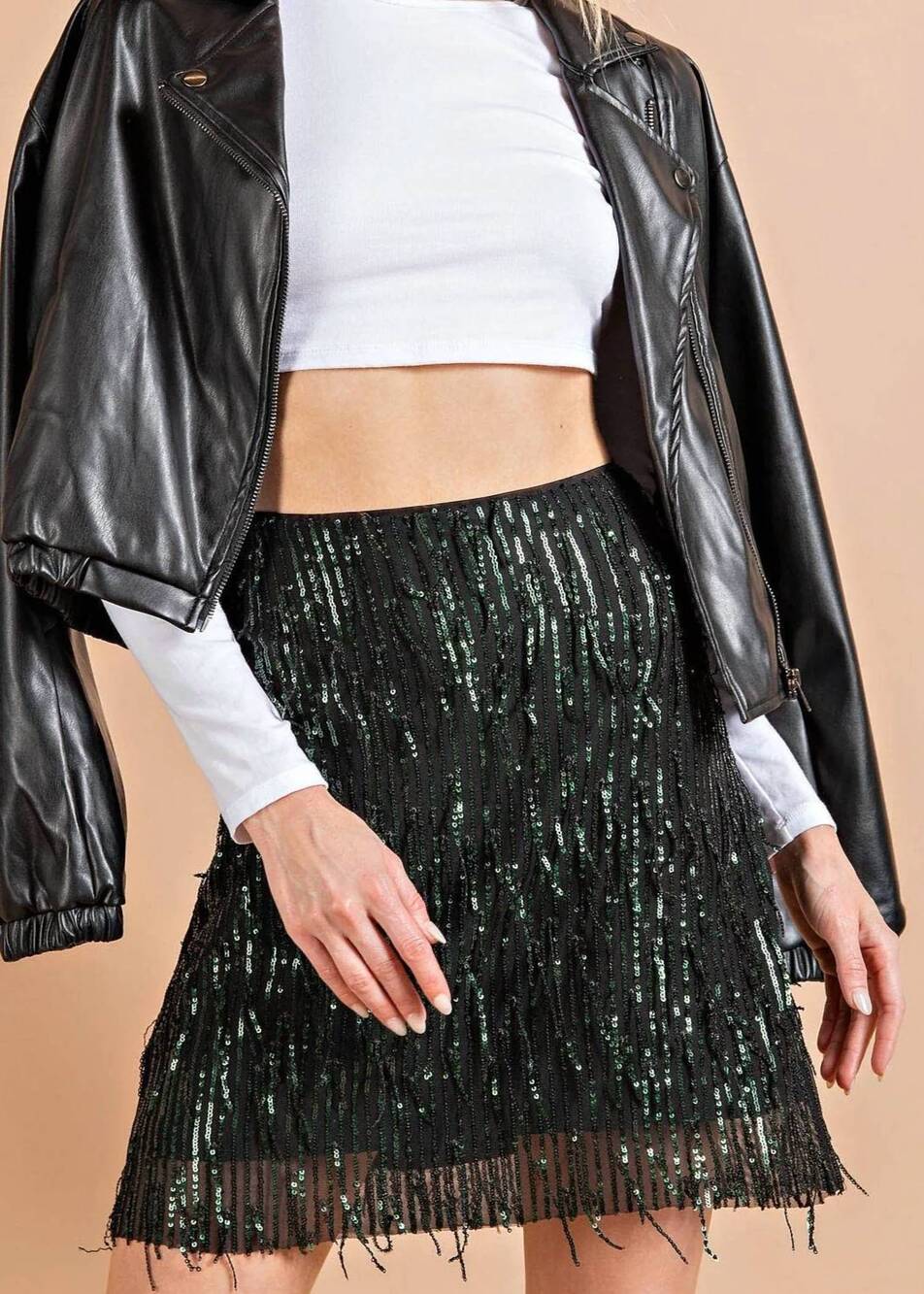 NEW KORI get shakin' fringe sequin mini skirt in forest green